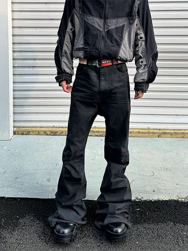 Ro Style American Dark Street Fashion Handmade Wax-Coated Stretchy Flared Jeans Floor-Length Wax Pants Bootcut