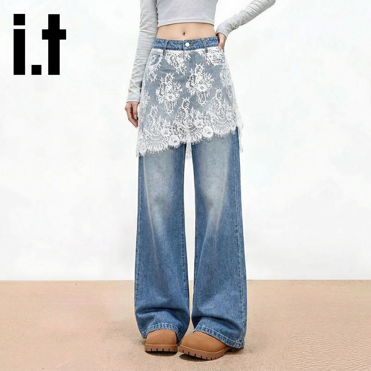 Blue Lace Patchwork Wide-Leg Jeans for Women, New Spring/Summer Style, Loose Fit, Faux Two-Piece, Floor-Length Straight Pants