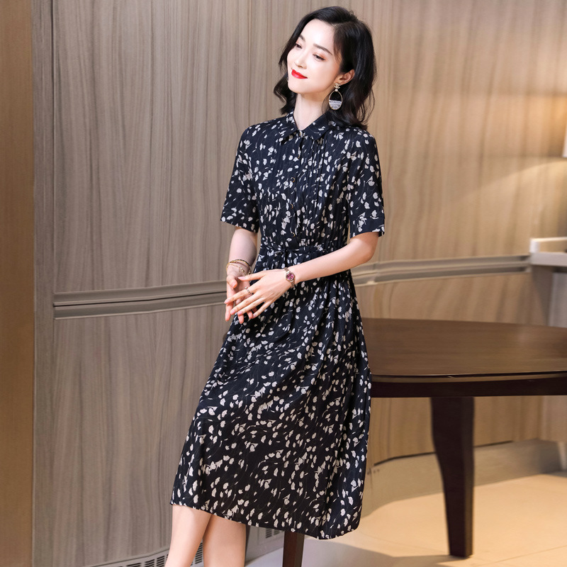 Silk Dress Women's Commuting Simple Pleated Drawstring Elegant Design Sense Niche Mid-length Mulberry Silk Satin Dress