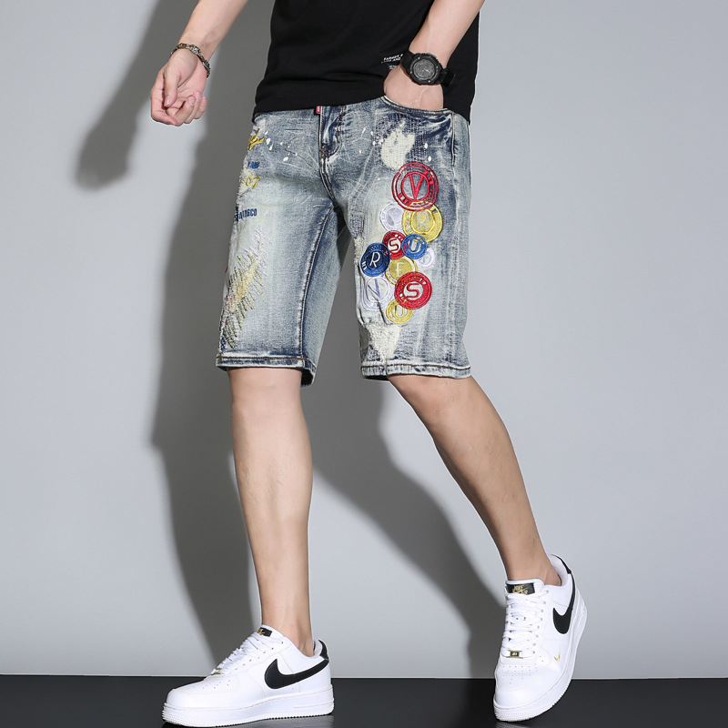 European station embroidery Denim shorts men's fashion brand patch graffiti stretch loose straight personality beggar five-point pants
