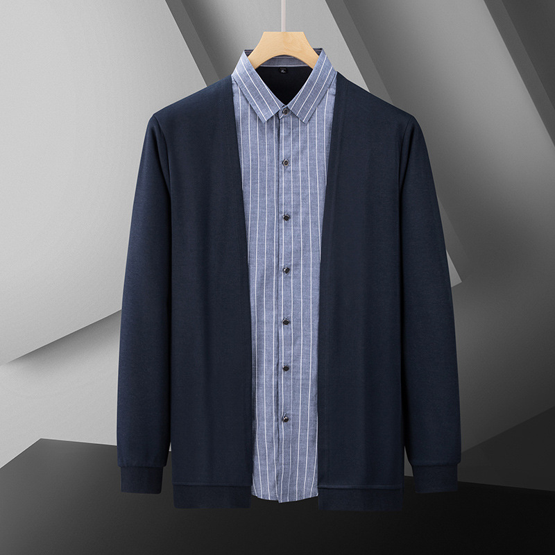 Men's Cardigan Sweatshirt for Plus-Size Individuals, Loose-Fitting Shirt, Oversized Faux Two-Piece Base Shirt, Comfortable and Plus-Size