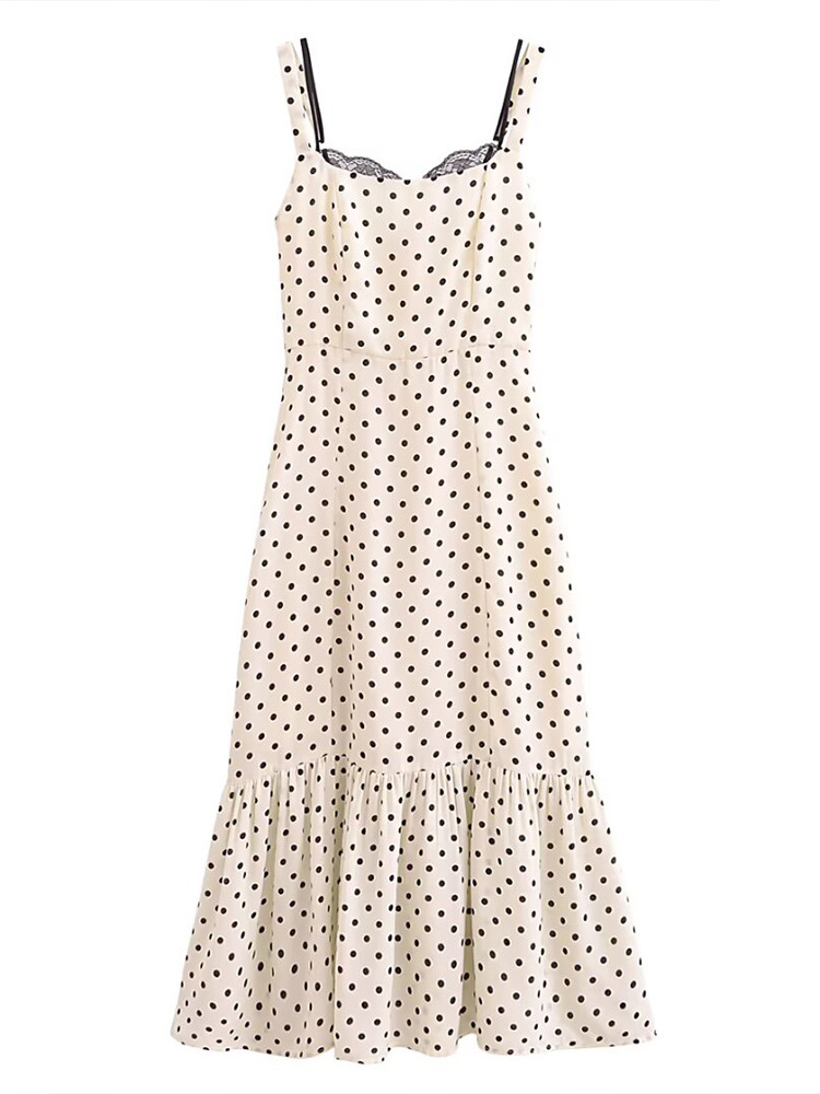 2025 New Summer Women's Clothing, Elegant French Retro Polka Dot Sexy Lace Trim Faux Two-Piece Strap Dress