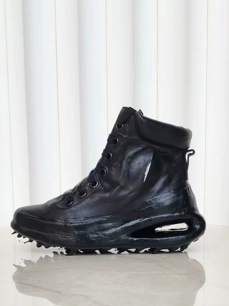 Hk Shaka Pioneer Dark Resin Dissolving Lightweight Thick-Soled Horse Leather Retro Distressed High-Top Genuine Leather Men's Boots