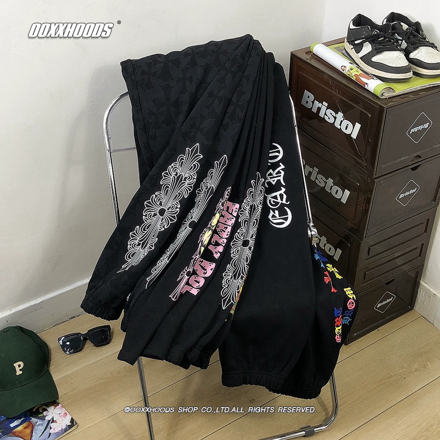 Cool Personalized Street Printed Sanskrit Men's Loose Black Casual Pants Trendy Brand Cross Relaxation Leg Tight Pants