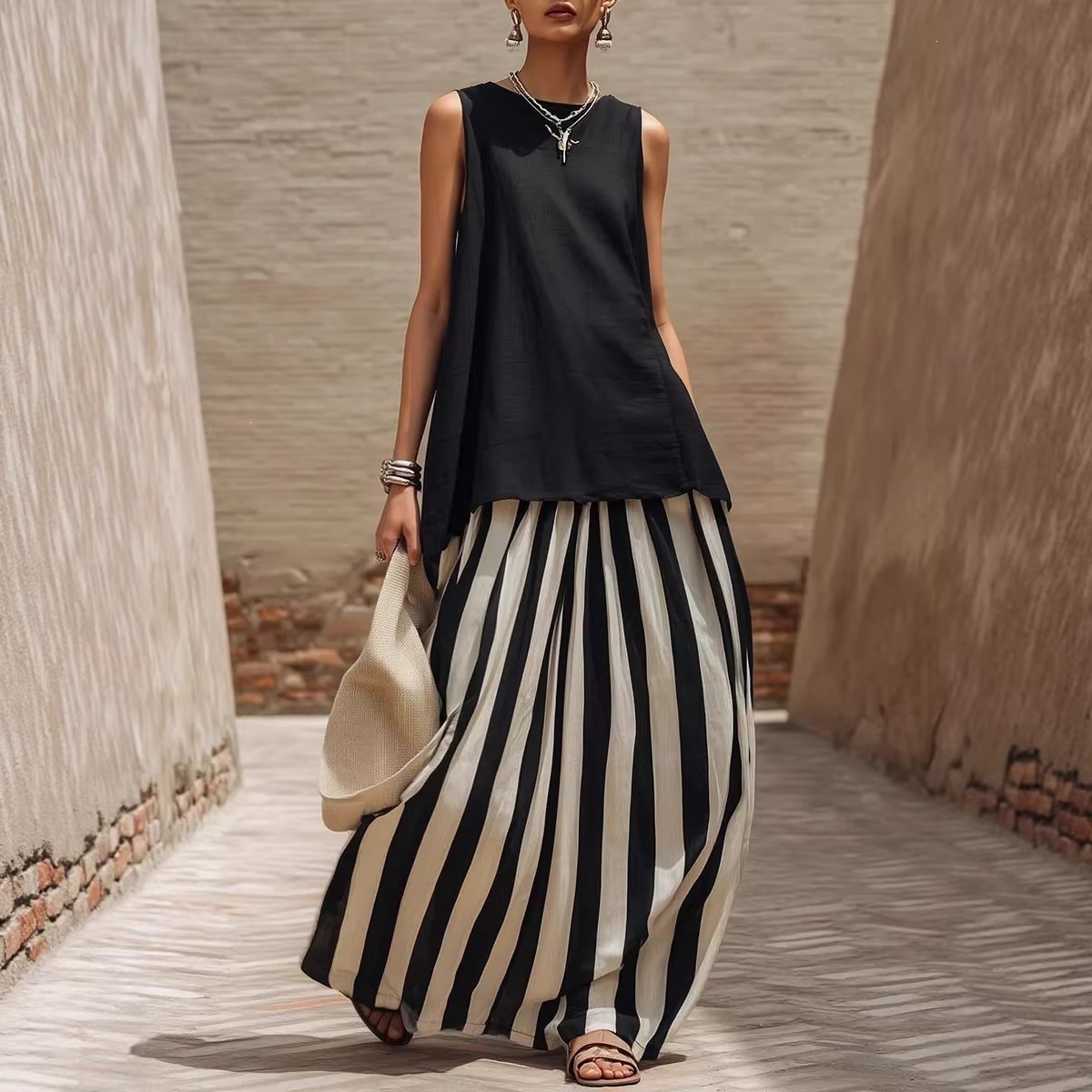 2026 Cross-Border European and American New Fashion Simple Women's Sleeveless Top with Stripes and Elegant Women's Long Skirt
