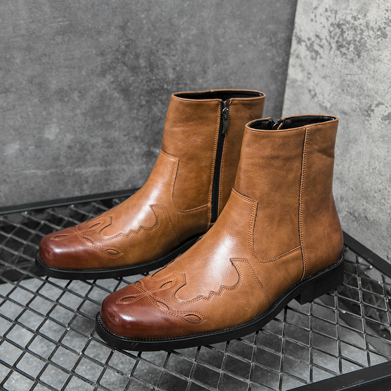 Cross-Border Autumn Square-Toe Zipper Leather Boots American Western Cowboy Boots High-Top Leather Shoes Short Boots Large Size Riding Boots Men's Shoes