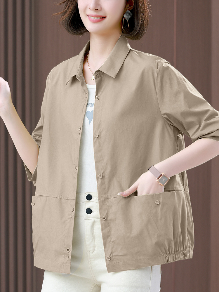 Long-sleeved shirt women's plus size slimming relaxed-fit casual short cotton thin single-layer coat for small middle-aged mother