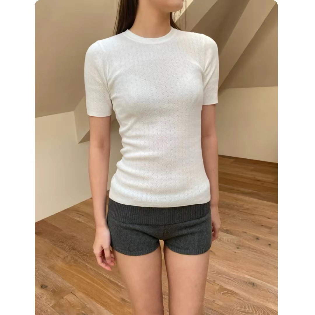 Brandy BM New Round Neck White Eyelet Short-sleeved T-shirt Women's BM Slim-fit Slimming Solid Color All-match Base Top