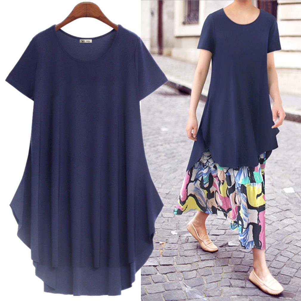 2023 Summer cross-border foreign trade casual simple new short sleeve round neck pullover solid color mid-length loose dress