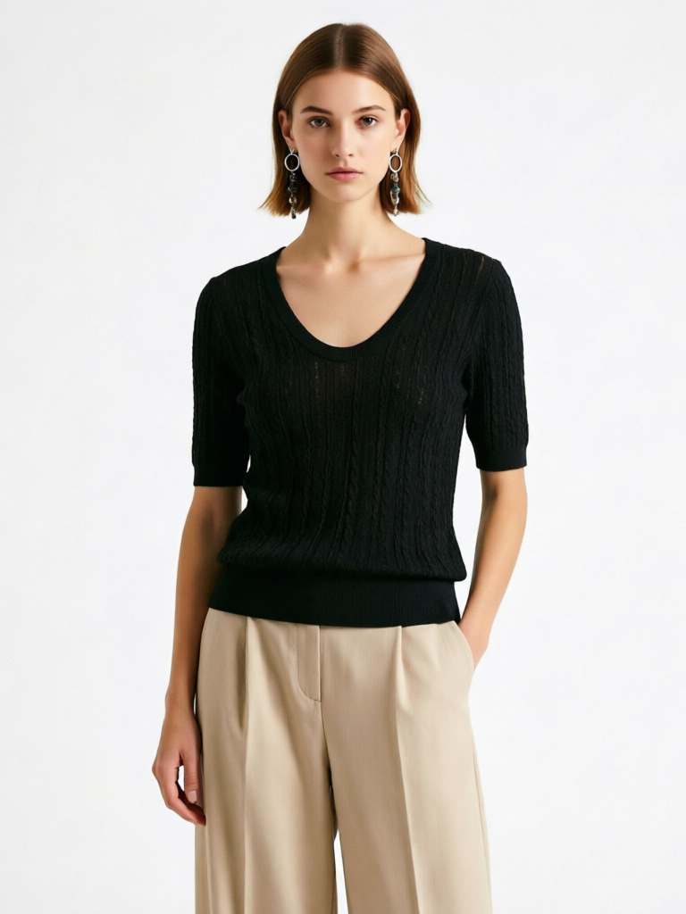 Nanyou High-End Women's Tencel Knitwear Summer U-Neck Pullover Short-Sleeve Top with Twist Pattern Base Shirt