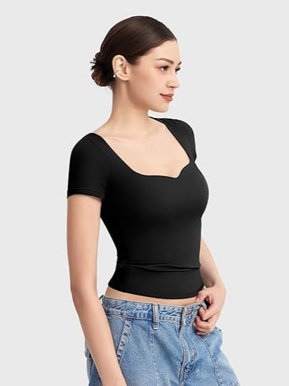 Cross-Border Amazon Short-Sleeved Slim Women's T-Shirt 2024 New Heart-Shaped Collar Pullover Top Milk Silk Navel-Baring Women's Clothing
