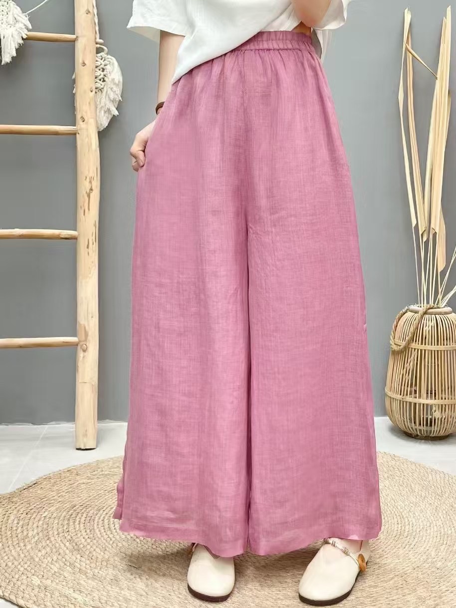 2025 Summer New Ramie Double-Layer Wide-Leg Pants with Loose Waist Elegant Solid Color Simple Joker Breathable Casual Pants
