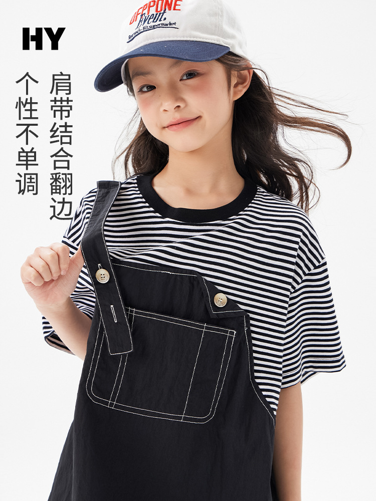 Girls' Striped Suspender Dress 2026 Summer New Korean Style Thin Patchwork Dress for Older Children, Faux Two-Piece Dress