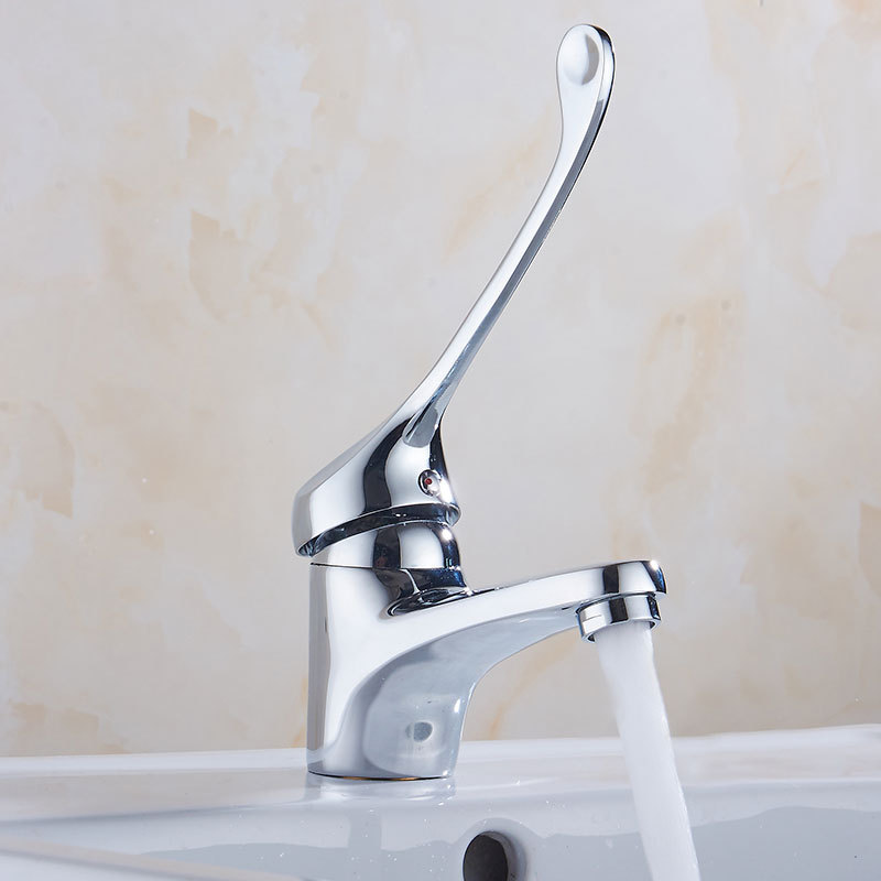 Copper Long-Handle Hot and Cold Water Faucet, Elbow-Style Laboratory Faucet, Single-Hole Basin Faucet for Bathroom Cabinet