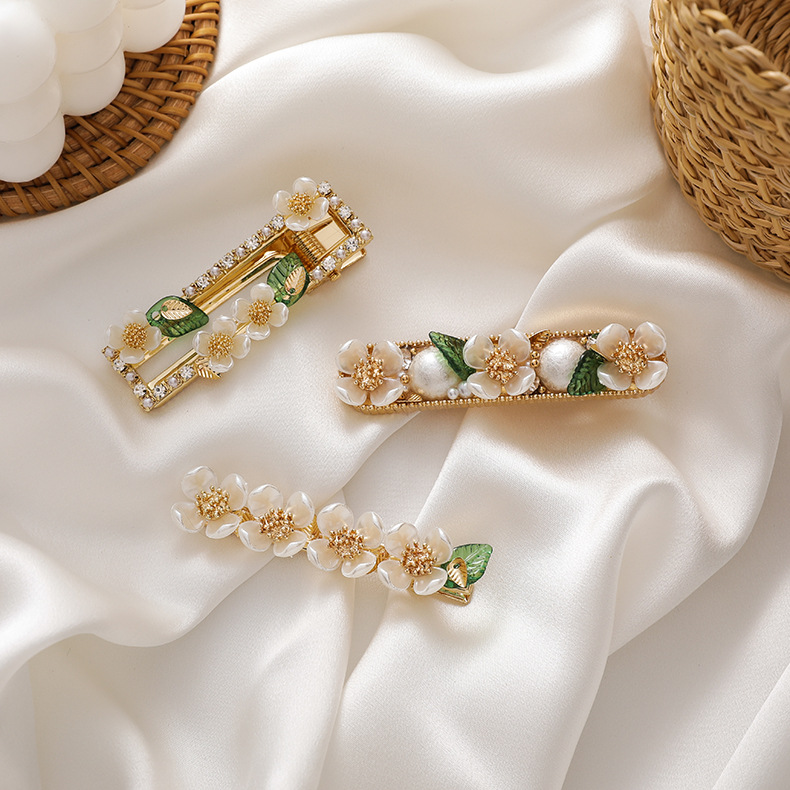 Pear Flower Series Hairpin Sweet Cute Shell Flower Side Clip Green Leaf Spring Clip Duckbill Clip Hairpin Hair Accessories