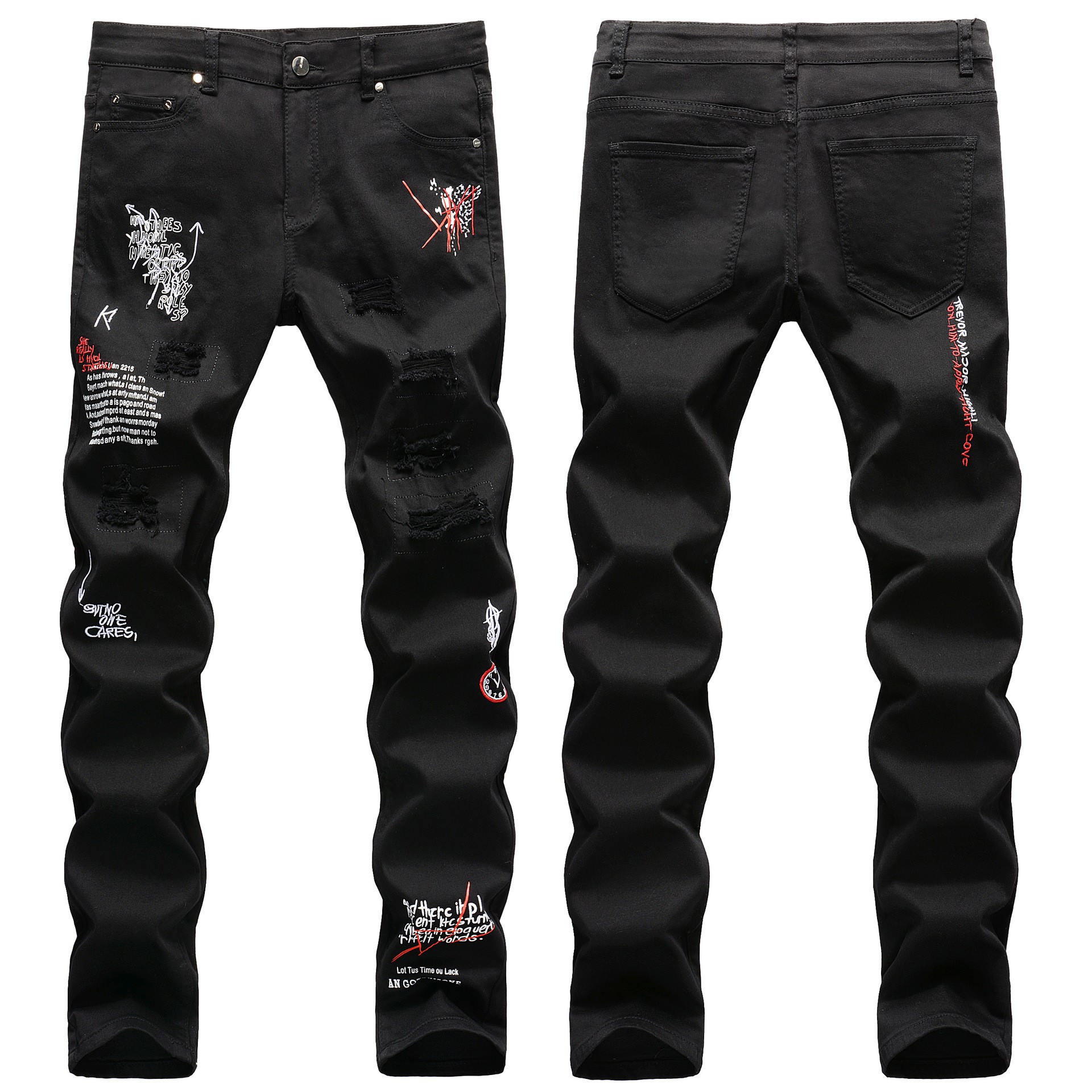 European and American High Street Fashion Brand Ripped Jeans with English Embroidery and Print, Black Slim-Fit Stretch Straight-Leg Personalized Graffiti Jeans