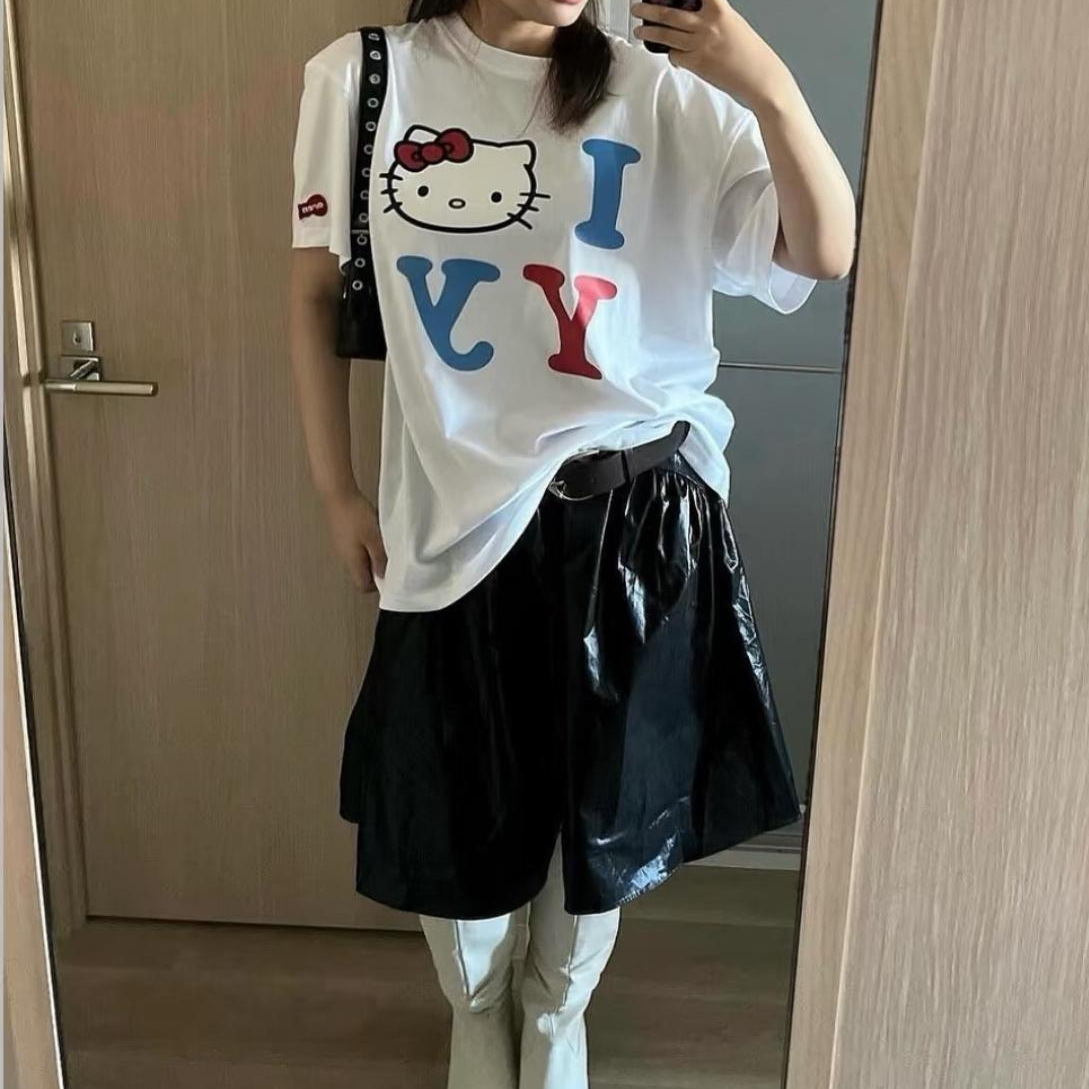 Counter Quality Tested Open New Hello Cat Letter Printed Short-Sleeved Korean Trendy Brand Loose T-Shirt for Men and Women