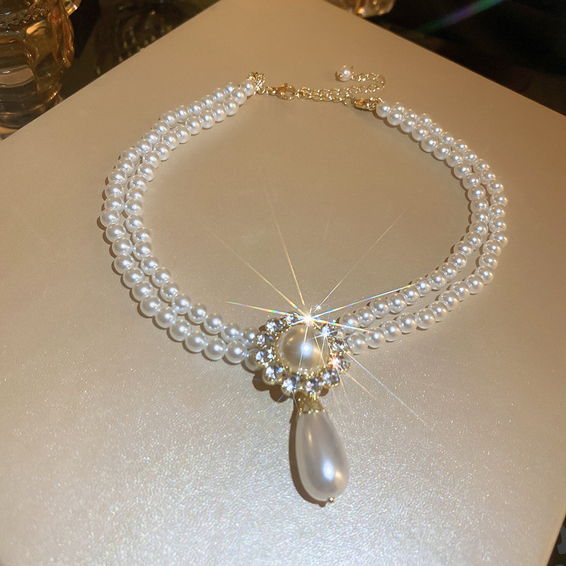 Vintage Double Row Light Luxury Style Diamond-encrusted Pearl Necklace French Court Style Elegant Fashion High-grade Clavicle Chain Necklace for Women