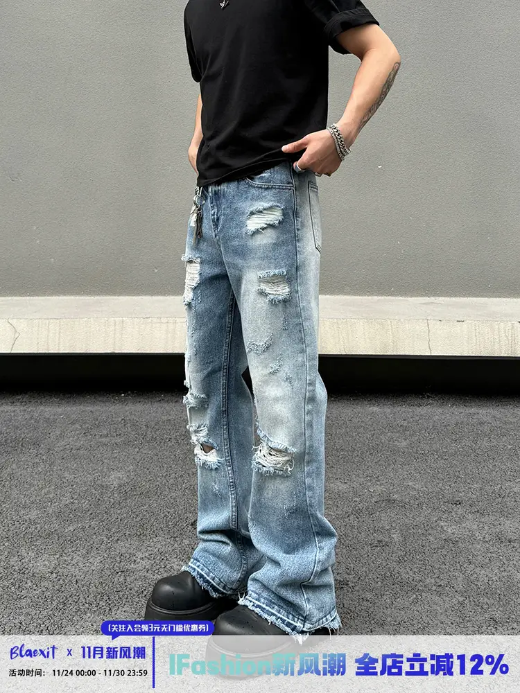 European and American High Street Washed Blue Ripped Jeans for Men, Summer Trendy Straight-Leg Slimming Flared Cleanfit Pants