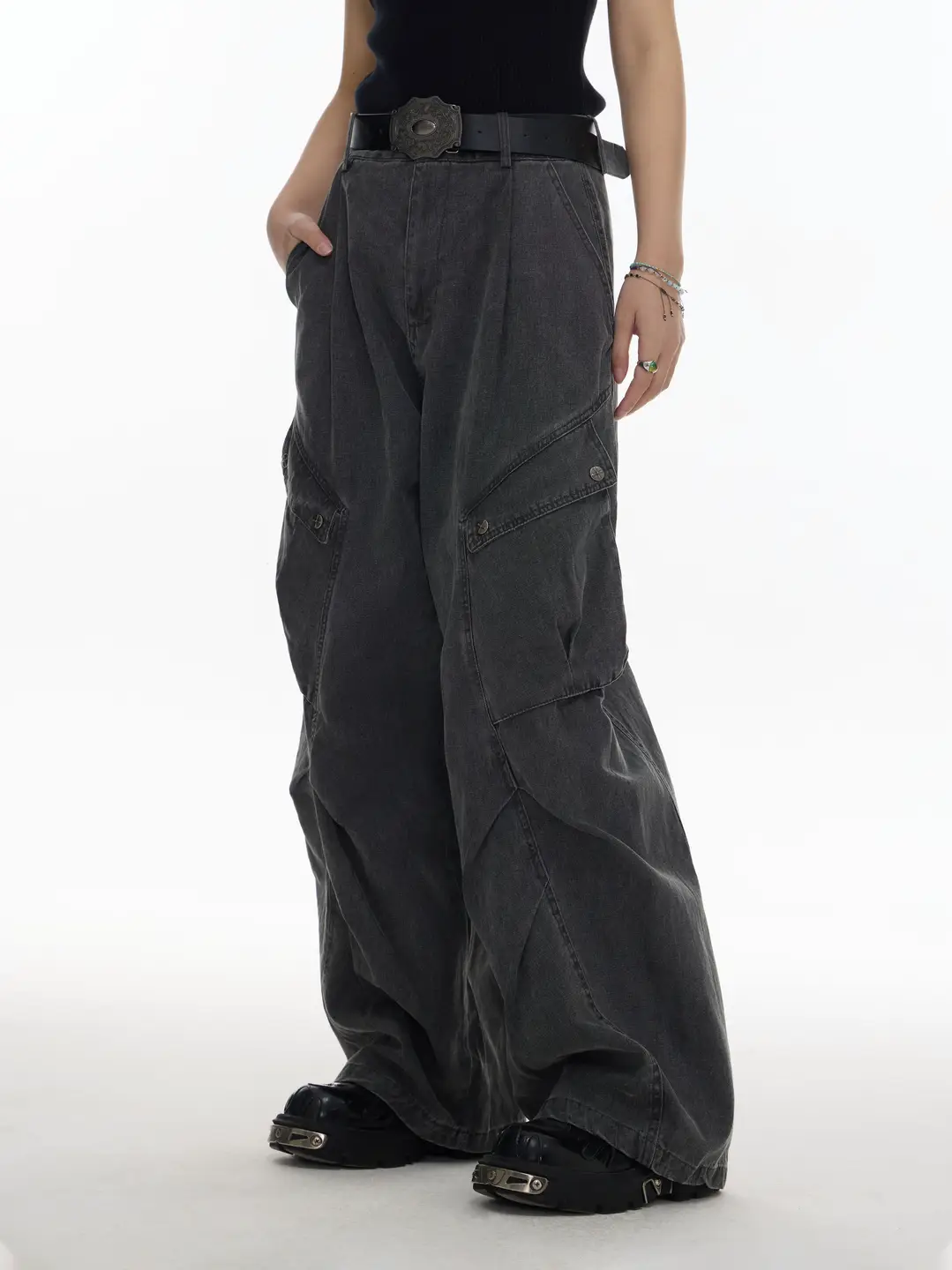 Unmanned Island Niche Washed Fishbone Line Pleated Heavy Industry Work Flap Pocket Pants Loose Retro American Jeans