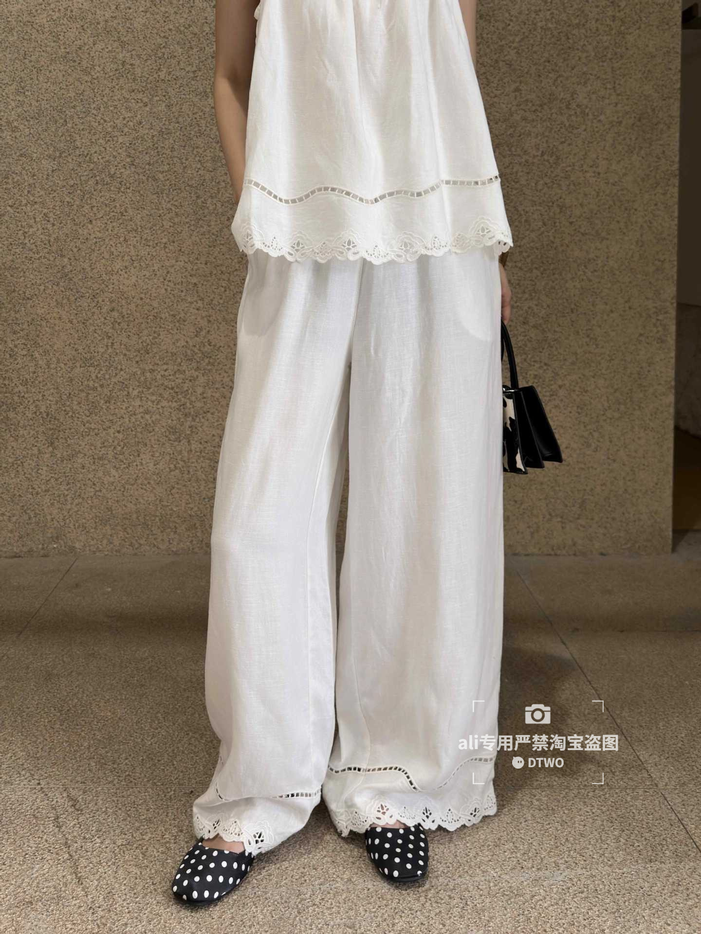 Dtwo Summer New Original Design Women's Wholesale Tencel Linen Embroidered Versatile Wide-Leg Pants