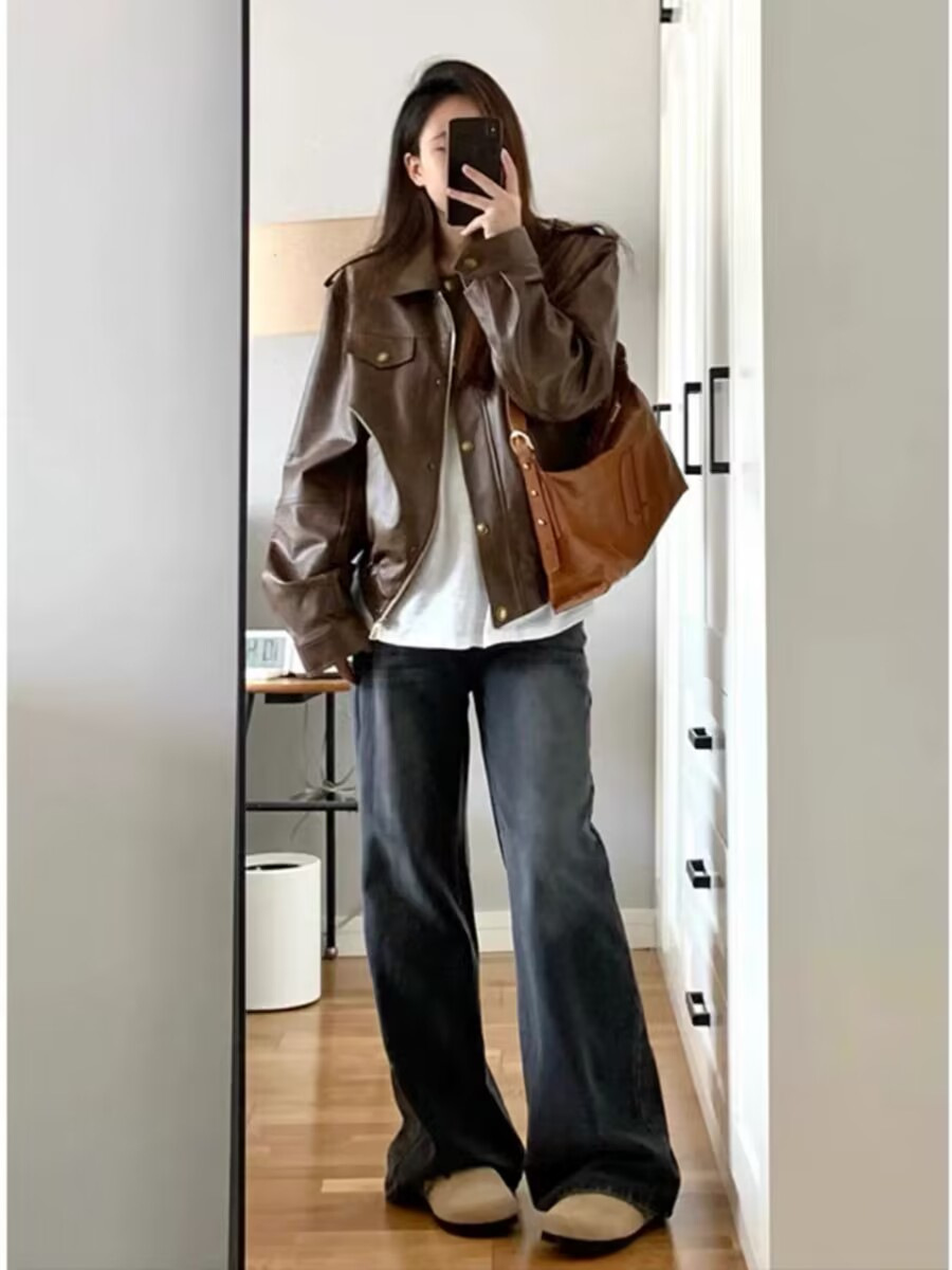 American retro leather coat women's spring and autumn design sense niche loose all-match short jacket top ins fashion brand