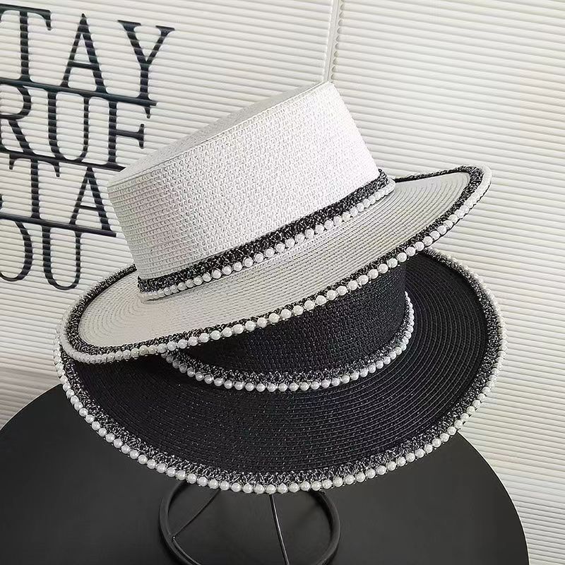 Hat Women's Spring and Summer New French Style Pearl Straw Hat Summer Lace Flat Sunshade Hat Korean Style Seaside Sunscreen Hat for Men
