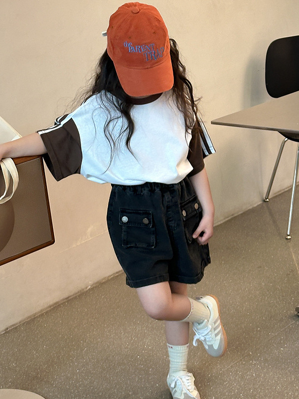 Children's Korean-Style T-Shirt 2026 Summer New Model for Girls, Letter Color-Blocking Short-Sleeve Casual Trendy Thin T-Shirt for Older Kids