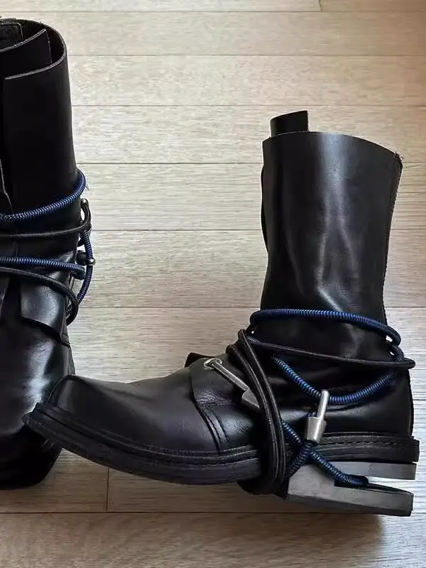 Dark Retro Unisex Metal Martin Boots with Wire Wrapping, Vintage Work Boots with a Sleeve