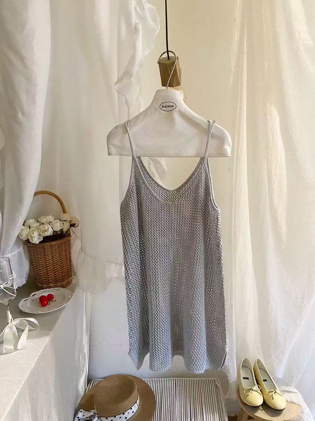Korean Style Sleeveless Hollow-Out Knit Cover-Up Layered with New Spring/Summer Camisole Dress, Loose and Casual Tank Dress for Women