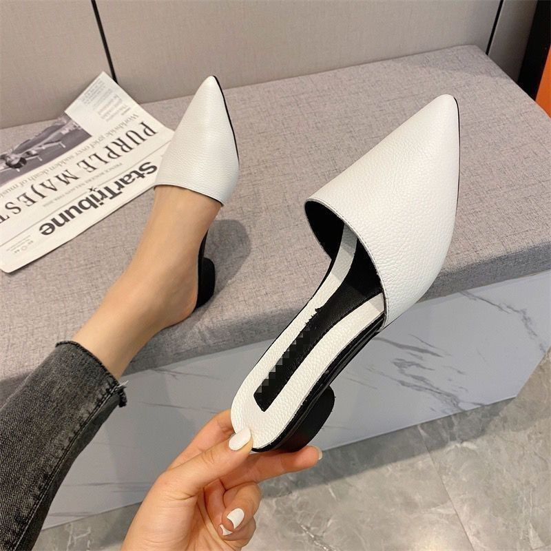 Soft Leather Comfortable Pointed Toe Thick Heel Internet Popular Slippers Women's Summer Outer Wear Flat Heel Sandals Sandals Retro Flats