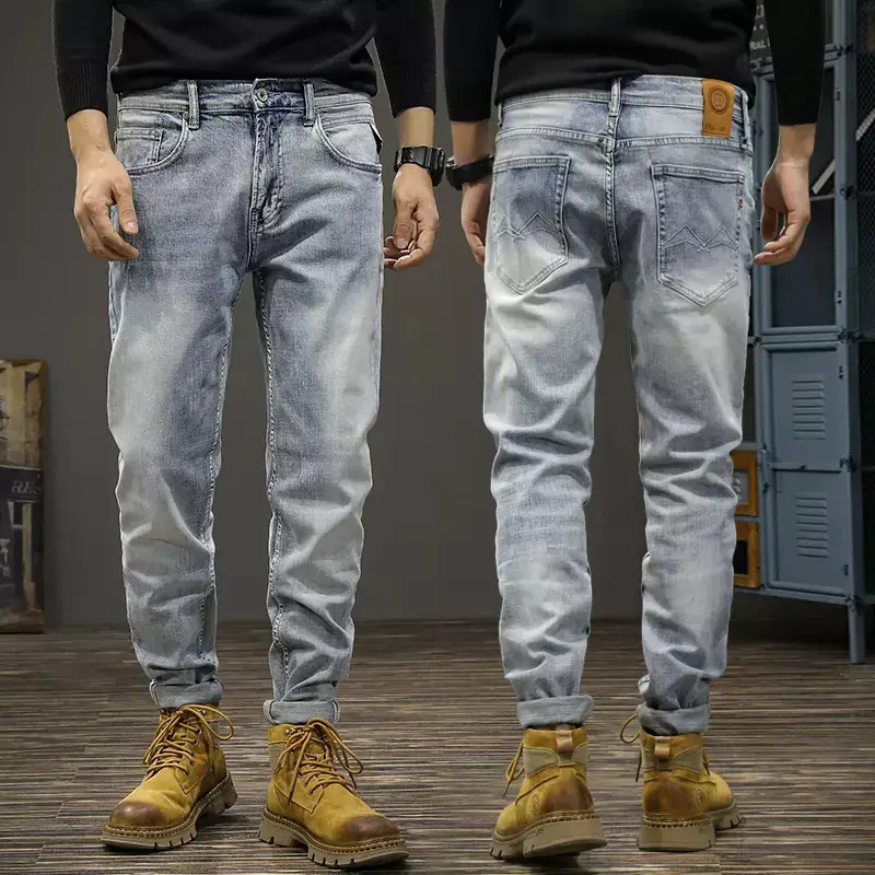 Foreign Trade Fashion Trendy Men's Jeans Vintage Old Washed Hong Kong Style Street Trendy Light Blue Slim-fit Jeans Men's Pants