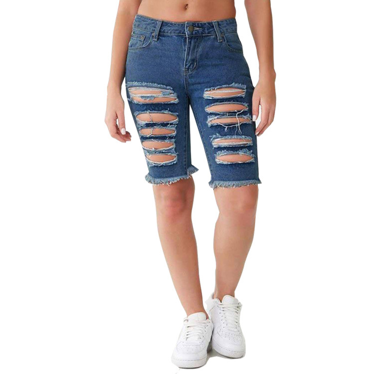 European and American Retro Washed Distressed Denim Shorts for Women, New Summer Style, Loose and Slimming Straight-Leg Jeans, Wide-Leg Mid-Length Pants