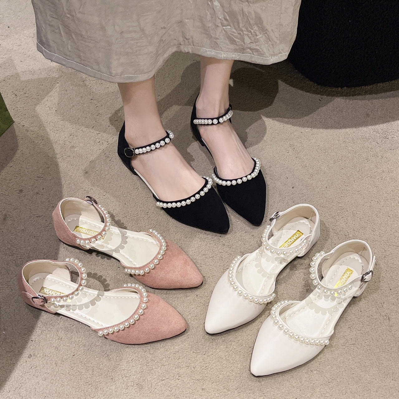 2024 New Summer Style Pointed Toe Evening Breeze Pearl One-Line Buckle Flat Bottom Fairy Style Women's Casual Shoes Versatile