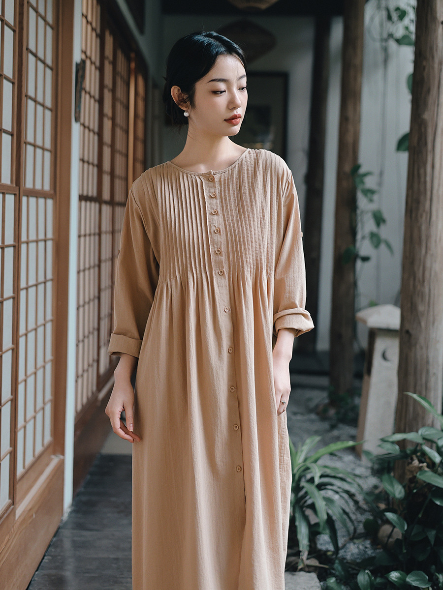 2025 spring new women's long sleeve dress design cardigan pinch pleated long skirt plus size loose skirt wholesale