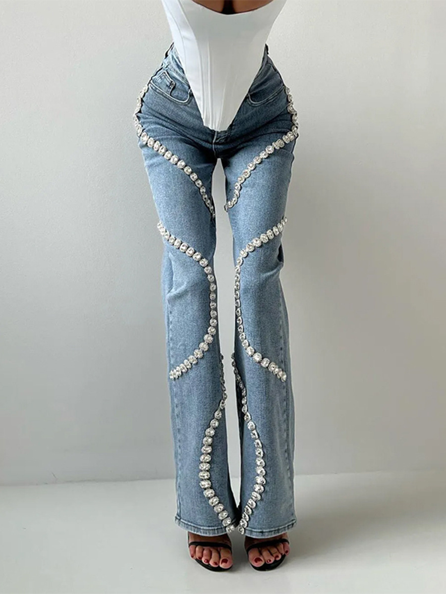 Fashionable and Unique Women's Jeans 2026 Spring New Trendy Design with Circular Rhinestone Patchwork Straight-Leg Pants