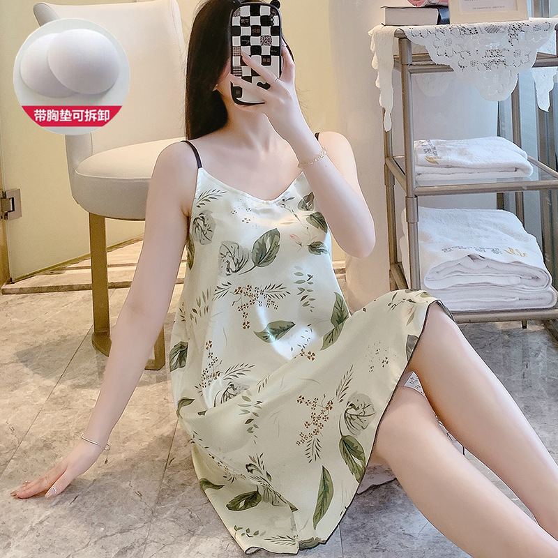 Summer New Style Cheap Sexy Suspender Nightgown for Women, Thin Ice Silk Dress with Chest Pads, Imitation Silk Dress Wholesale