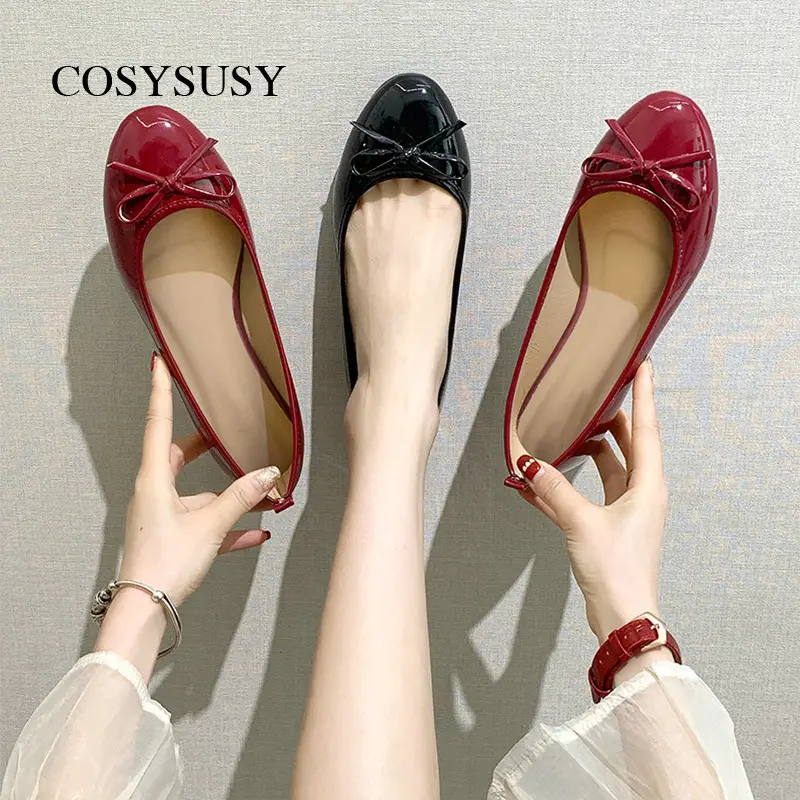 Patent Leather Ballet Loafers for Summer and Autumn, Round-Toe Soft-Soled Casual Boat Shoes with Bowknot, Shallow Mouth Granny Shoes
