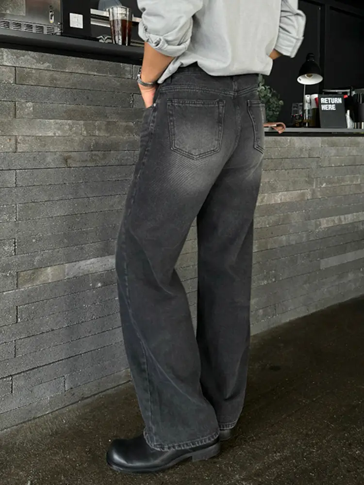 Mrcyc Washed Straight-Leg Jeans for Men, Spring Cleanfit Long Pants, Korean Style Trendy Wide-Leg Floor-Length Pants