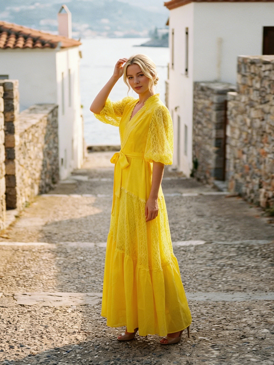 French Resort Style Yellow Lace Dress V-Neck Puff Sleeves Lace-Up Waist Long Dress 2026 Summer New Style for Women