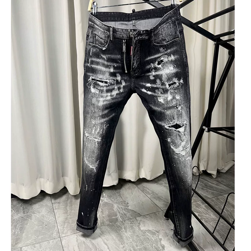 New Four Seasons D2 Jeans Men's Square Double Zipper Spray Paint Patch Black Water Washed Heavy Crafted European Pants