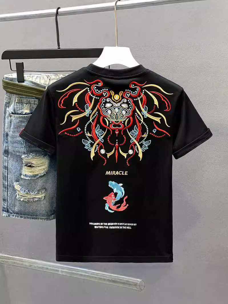 2024 Summer New National Fashion Ethnic Style Embroidered Short-sleeved T-shirt Men's Pure Cotton Round Neck All-match T-shirt Base Shirt