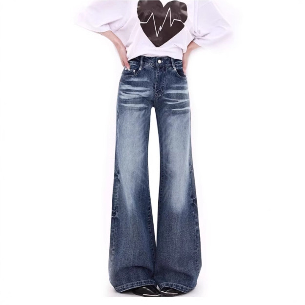 American Retro High-Waisted Wide-Leg Pants for Women, Slightly Flared Jeans, Spring and Autumn High-Street Design, Slimming Long Pants