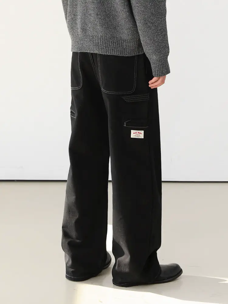 Mrcyc Retro Workwear Jeans for Men, Autumn and Winter Loose Casual Long Pants, Korean Style Trendy Straight-Leg Floor-Length Pants