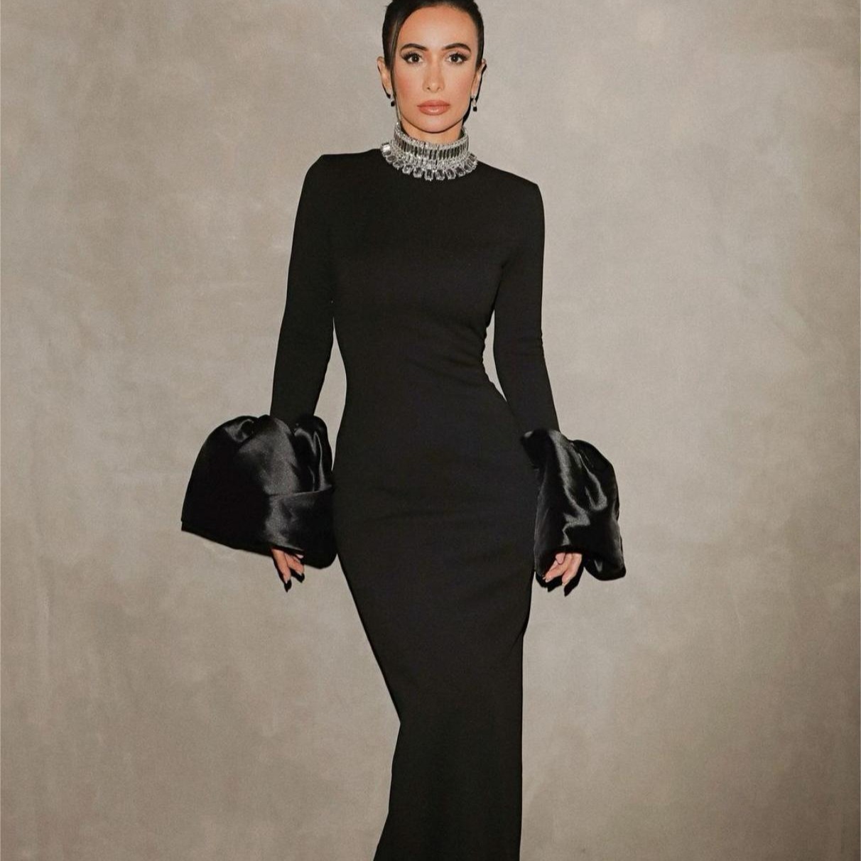 Aliexpress Amazon Fashionable Bell Sleeve Rhinestone Collar Black Dress Fashionable Elegant Evening Bandage Dress