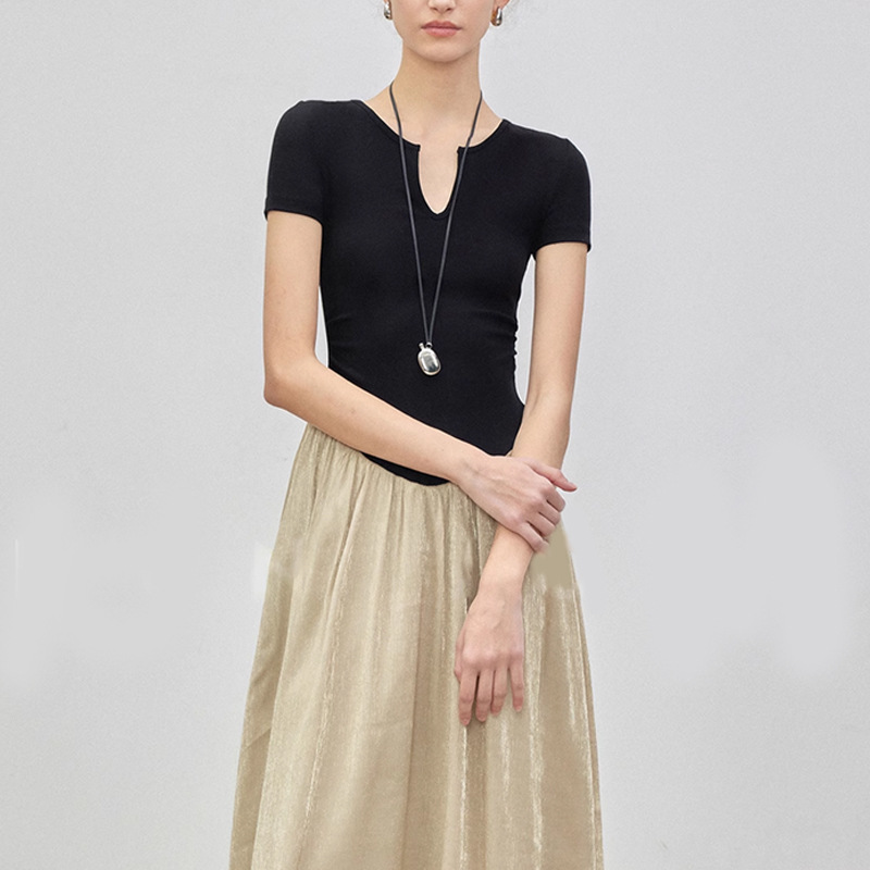Pianpian Ying-moving Arc Waist Line Split Cory Lightweight Paper Slim-fit Narrow U-collar Needle Shuttle Stitching dress