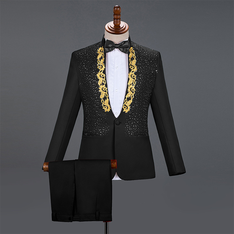 Performance Clothing for Men, Adult Stand-Up Collar, Sequined Singer and Host Clothing, Chorus Men's Dress Suit