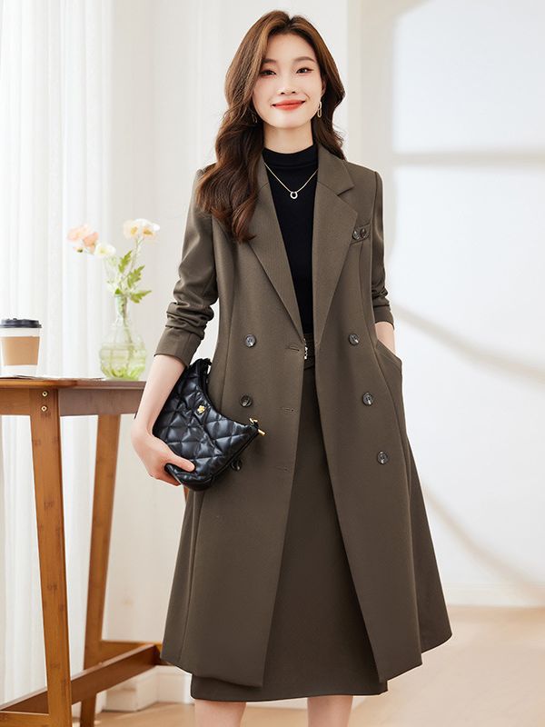 Qiguniang high-end long double-breasted trench coat women's autumn and winter elegant slimming trench coat sheath skirt suit