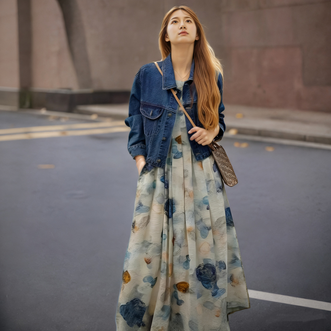 Spring Outfit: a Complete Set of Korean-Style Workwear, Retro Denim Jacket, Ink Painting Floral Dress Two-Piece Set