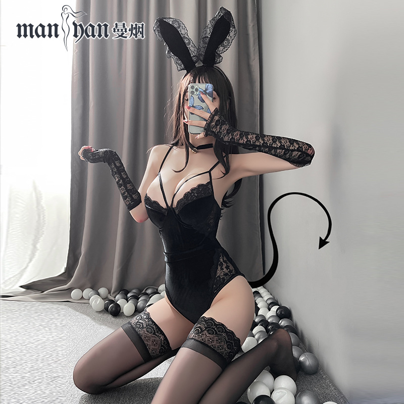Manyan Sexy Lingerie Pure Desire Fine Velvet Bunny Girl Open Crotch Bodysuit Role-Playing Uniform Set Qqny9949